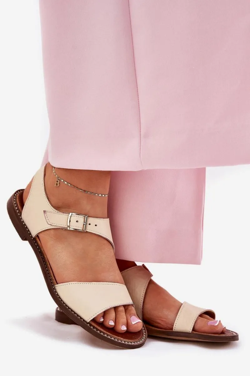 Online Skórzane Płaskie Sandały Damskie 3014 Beżowe Damskie Sandały Płaskie