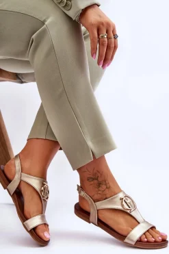 New Damskie buty S.Barski Skórzane Płaskie Sandały S.Barski KV-5541-32 Złote