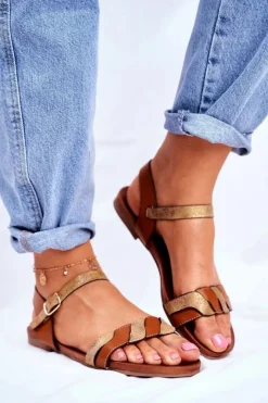 Sandały Płaskie>Damskie buty S.Barski Skórzane Płaskie Sandały S.Barski Brązowo-Złote