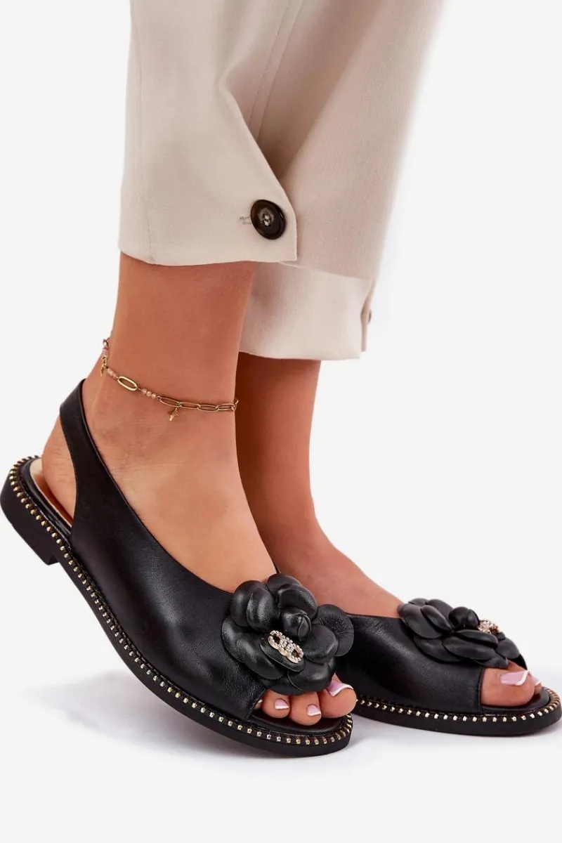 Sandały Płaskie>CheBello Skórzane Płaskie Sandały Z Ozdobą 4642 Czarne Czarny