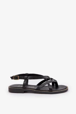 New Zazoo Skórzane Płaskie Sandały Z Przeplatającymi Się Paseczkami 40429 Czarne Czarny