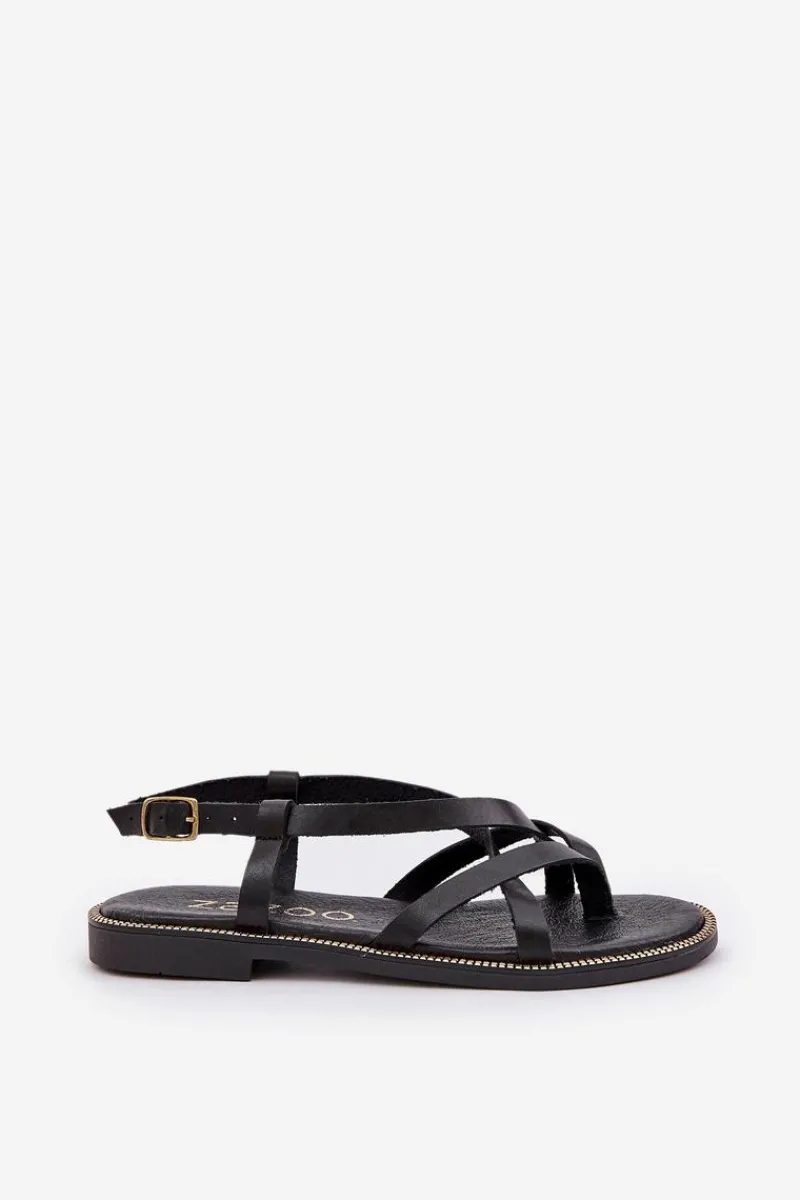 New Zazoo Skórzane Płaskie Sandały Z Przeplatającymi Się Paseczkami 40429 Czarne Czarny