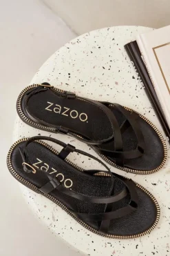 New Zazoo Skórzane Płaskie Sandały Z Przeplatającymi Się Paseczkami 40429 Czarne Czarny