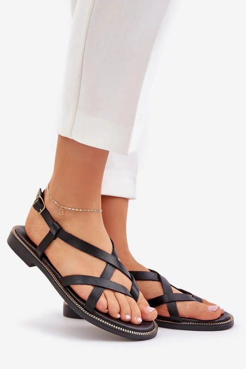 New Zazoo Skórzane Płaskie Sandały Z Przeplatającymi Się Paseczkami 40429 Czarne Czarny