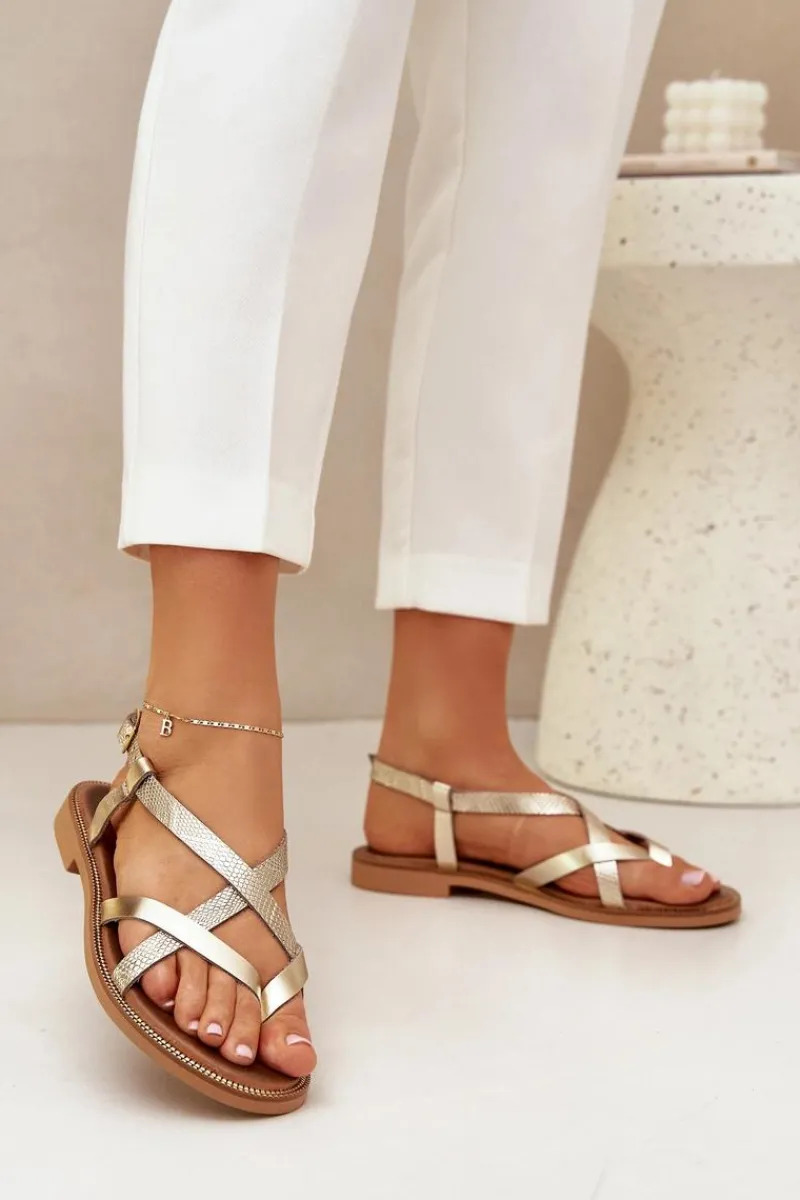 Outlet Skórzane Płaskie Sandały Z Przeplatającymi Się Paseczkami 40429 Złote Damskie Sandały Płaskie