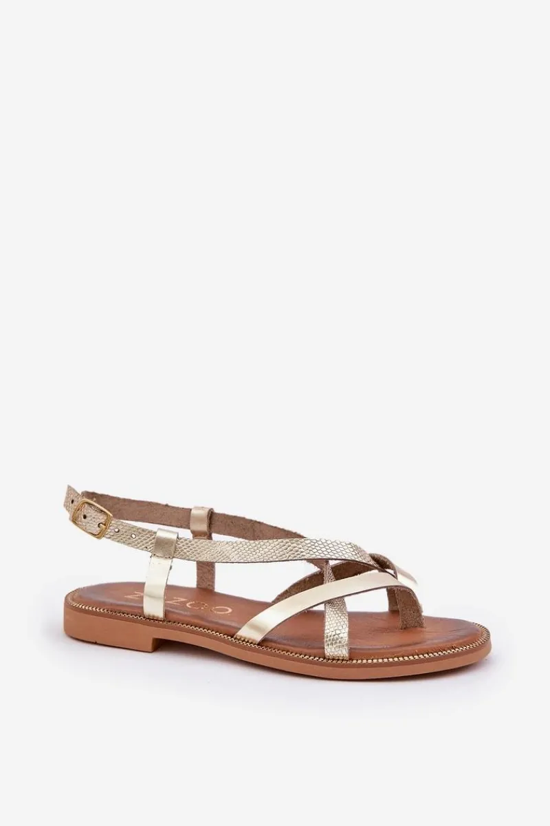 Outlet Skórzane Płaskie Sandały Z Przeplatającymi Się Paseczkami 40429 Złote Damskie Sandały Płaskie