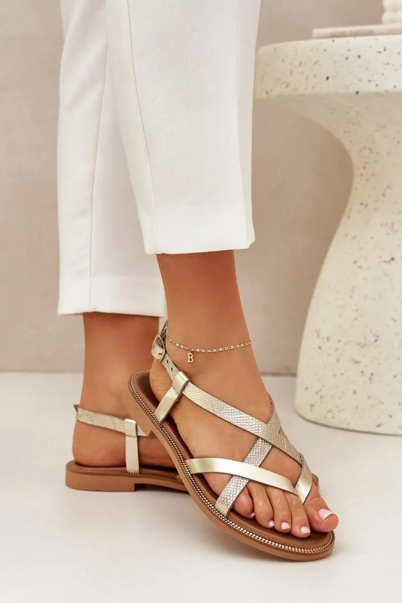 Outlet Skórzane Płaskie Sandały Z Przeplatającymi Się Paseczkami 40429 Złote Damskie Sandały Płaskie