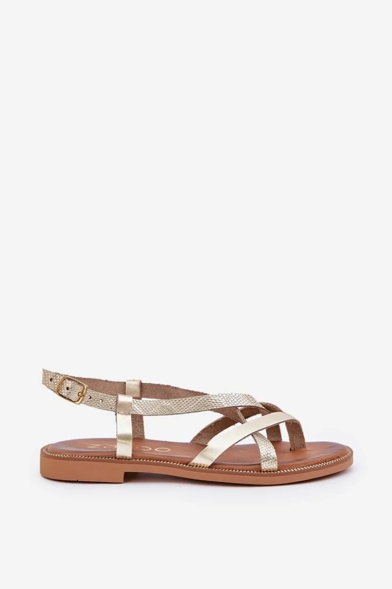 Outlet Skórzane Płaskie Sandały Z Przeplatającymi Się Paseczkami 40429 Złote Damskie Sandały Płaskie