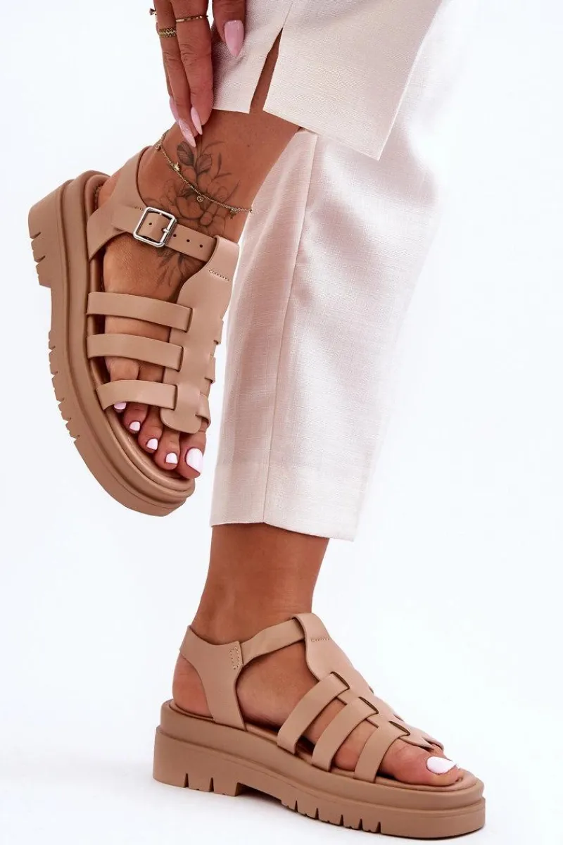 Best Boto Skórzane Płaskie Sandały Z Paseczkami Beżowe Diosa