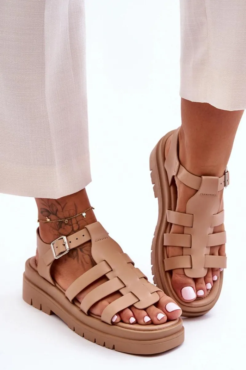 Best Boto Skórzane Płaskie Sandały Z Paseczkami Beżowe Diosa