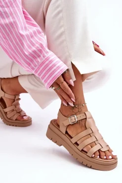 Best Boto Skórzane Płaskie Sandały Z Paseczkami Beżowe Diosa