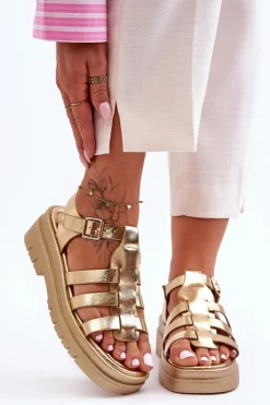 Sandały Płaskie>Boto Skórzane Płaskie Sandały Z Paseczkami Złote Diosa