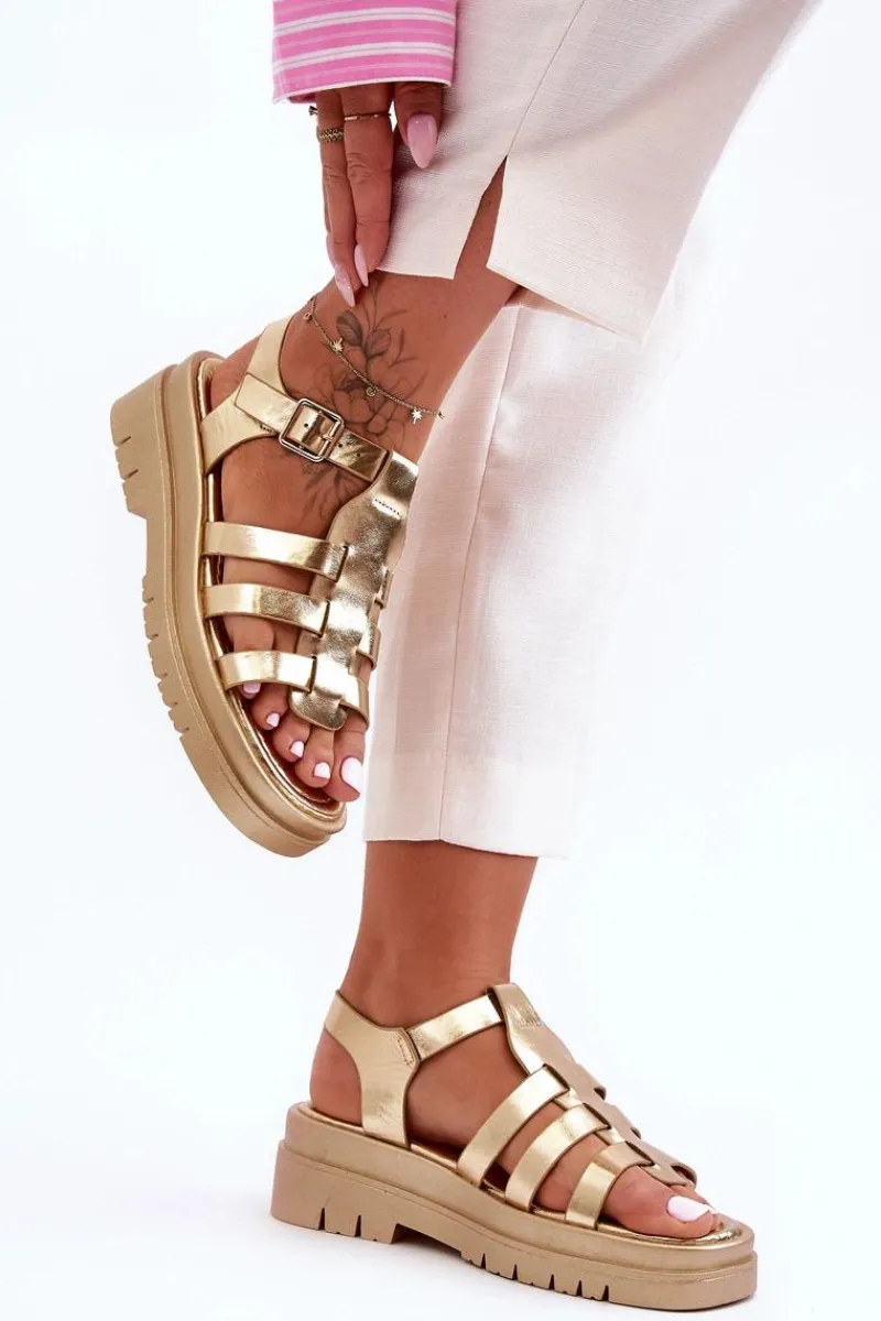 Sandały Płaskie>Boto Skórzane Płaskie Sandały Z Paseczkami Złote Diosa