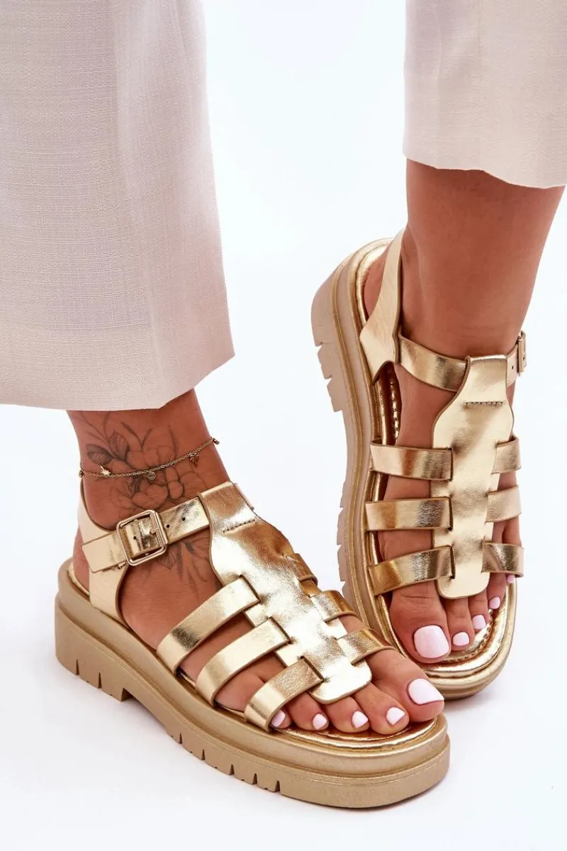 Sandały Płaskie>Boto Skórzane Płaskie Sandały Z Paseczkami Złote Diosa