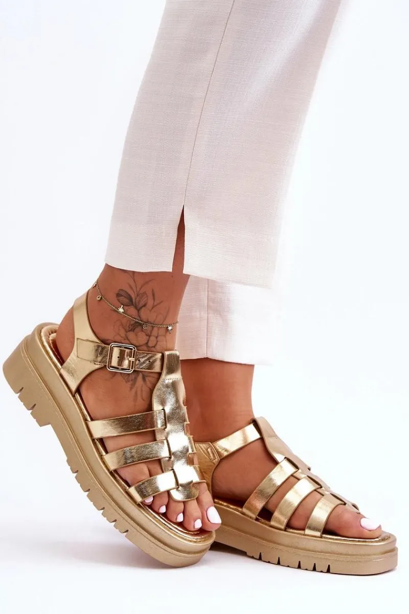 Sandały Płaskie>Boto Skórzane Płaskie Sandały Z Paseczkami Złote Diosa