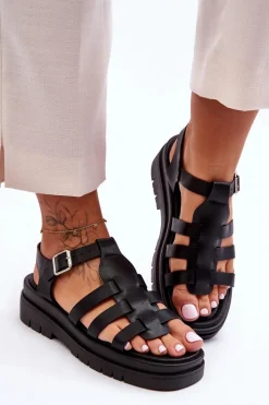 Sandały Płaskie>Boto Skórzane Płaskie Sandały Z Paseczkami Czarne Diosa