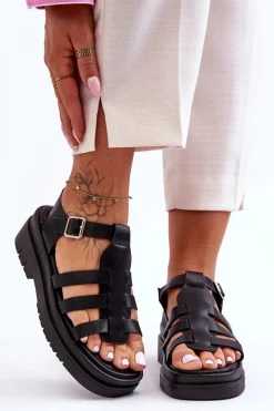 Sandały Płaskie>Boto Skórzane Płaskie Sandały Z Paseczkami Czarne Diosa