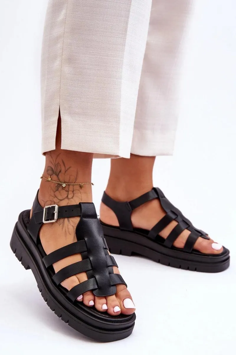 Sandały Płaskie>Boto Skórzane Płaskie Sandały Z Paseczkami Czarne Diosa