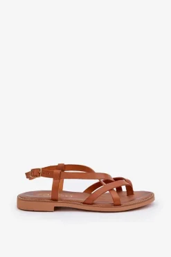 Sandały Płaskie></noscript>Zazoo Skórzane Płaskie Sandały Z Przeplatającymi Się Paseczkami 40429 Brązowe Brązowy