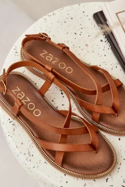 Sandały Płaskie></noscript>Zazoo Skórzane Płaskie Sandały Z Przeplatającymi Się Paseczkami 40429 Brązowe Brązowy