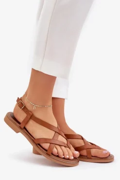 Sandały Płaskie></noscript>Zazoo Skórzane Płaskie Sandały Z Przeplatającymi Się Paseczkami 40429 Brązowe Brązowy