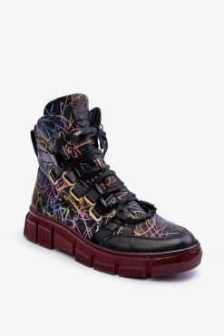 Clearance Skórzane Płaskie Sznurowane Botki 06158-01 Czarne Damskie Botki Maciejka|Botki Płaskie