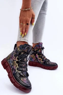 Clearance Skórzane Płaskie Sznurowane Botki 06158-01 Czarne Damskie Botki Maciejka|Botki Płaskie