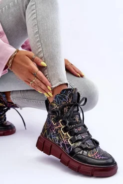 Clearance Skórzane Płaskie Sznurowane Botki 06158-01 Czarne Damskie Botki Maciejka|Botki Płaskie