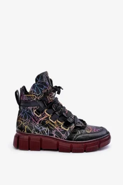 Clearance Skórzane Płaskie Sznurowane Botki 06158-01 Czarne Damskie Botki Maciejka|Botki Płaskie