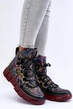 Clearance Skórzane Płaskie Sznurowane Botki 06158-01 Czarne Damskie Botki Maciejka|Botki Płaskie