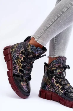 Clearance Skórzane Płaskie Sznurowane Botki 06158-01 Czarne Damskie Botki Maciejka|Botki Płaskie