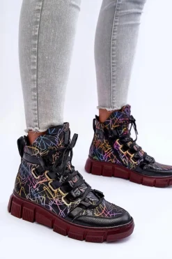 Clearance Skórzane Płaskie Sznurowane Botki 06158-01 Czarne Damskie Botki Maciejka|Botki Płaskie