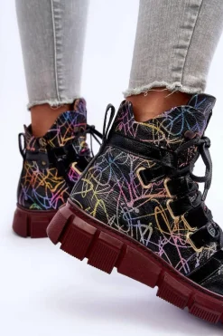 Clearance Skórzane Płaskie Sznurowane Botki 06158-01 Czarne Damskie Botki Maciejka|Botki Płaskie