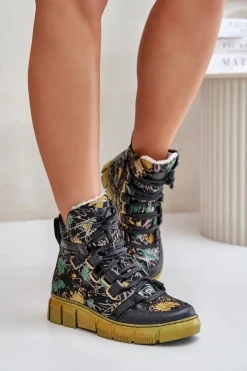 Clearance Maciejka Skórzane Płaskie Sznurowane Botki 06158-07 Żółto-Czarne Złoty