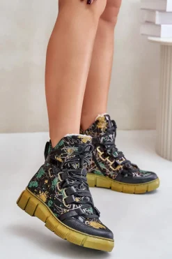 Clearance Maciejka Skórzane Płaskie Sznurowane Botki 06158-07 Żółto-Czarne Złoty