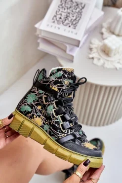 Clearance Maciejka Skórzane Płaskie Sznurowane Botki 06158-07 Żółto-Czarne Złoty