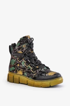 Clearance Maciejka Skórzane Płaskie Sznurowane Botki 06158-07 Żółto-Czarne Złoty