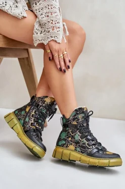 Clearance Maciejka Skórzane Płaskie Sznurowane Botki 06158-07 Żółto-Czarne Złoty