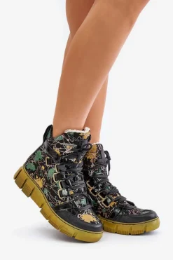 Clearance Maciejka Skórzane Płaskie Sznurowane Botki 06158-07 Żółto-Czarne Złoty