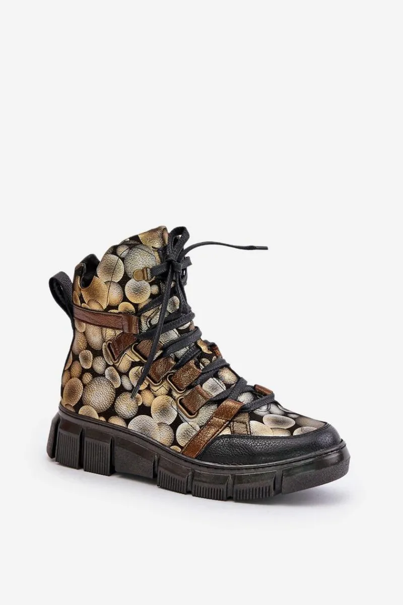 Botki Ocieplane|Botki Maciejka>Maciejka Skórzane Płaskie Sznurowane Botki 06158-25 Złote Złoty