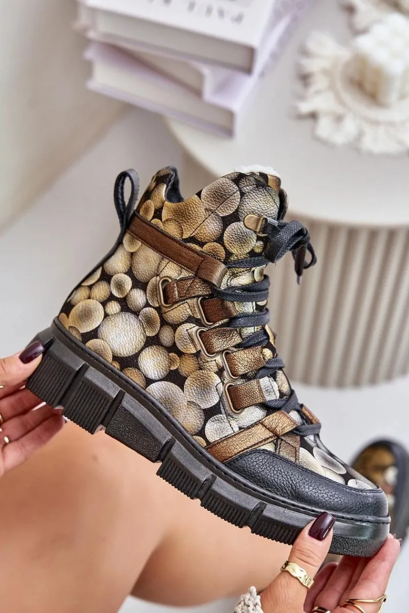 Botki Ocieplane|Botki Maciejka>Maciejka Skórzane Płaskie Sznurowane Botki 06158-25 Złote Złoty