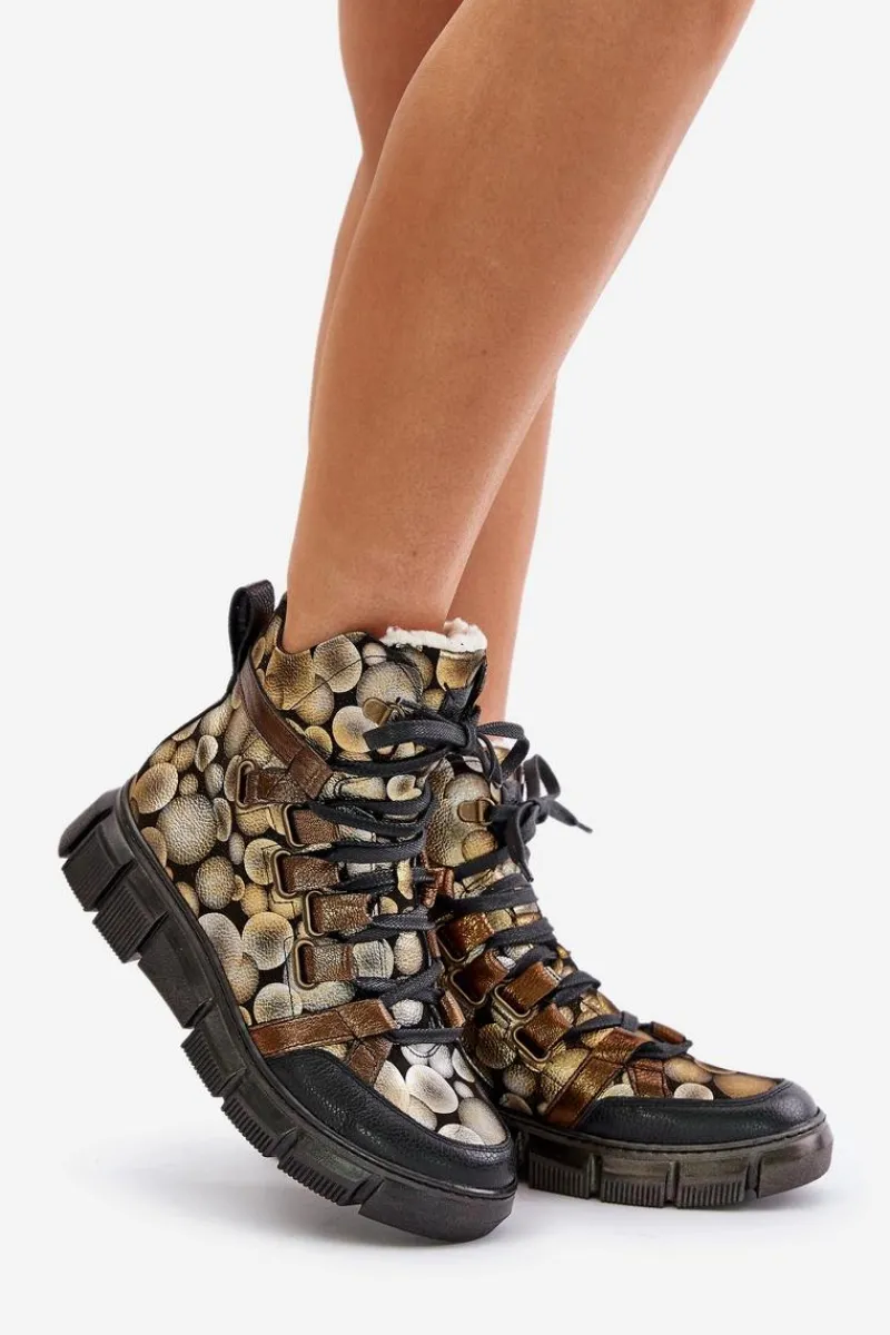 Botki Ocieplane|Botki Maciejka>Maciejka Skórzane Płaskie Sznurowane Botki 06158-25 Złote Złoty