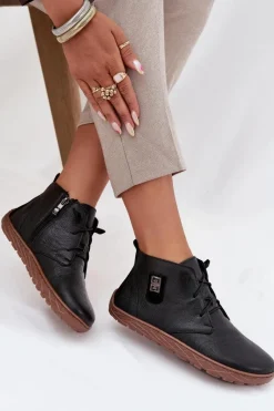 Discount Skórzane Półbuty Barefoot Damskie Z Ozdobnym Detalem 30072 Czarne Damskie Półbuty Skórzane|Barefoot