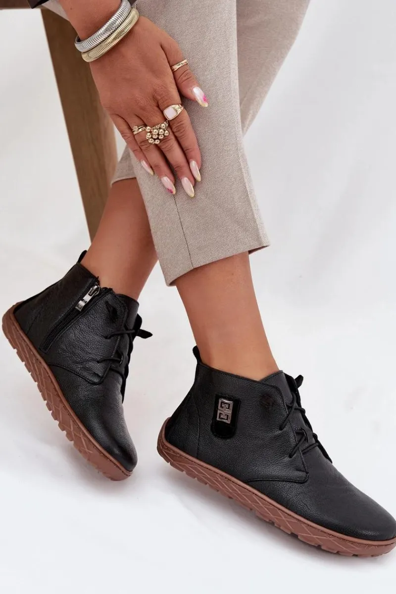 Discount Skórzane Półbuty Barefoot Damskie Z Ozdobnym Detalem 30072 Czarne Damskie Półbuty Skórzane|Barefoot