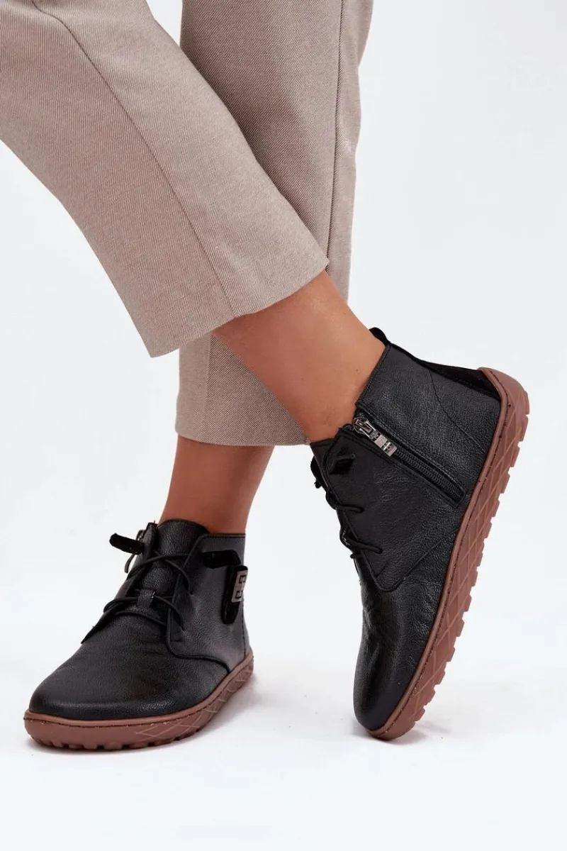 Discount Skórzane Półbuty Barefoot Damskie Z Ozdobnym Detalem 30072 Czarne Damskie Półbuty Skórzane|Barefoot