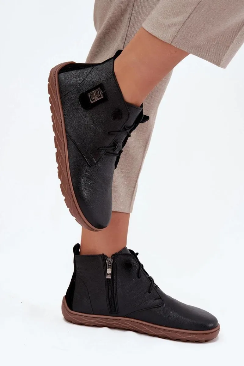 Discount Skórzane Półbuty Barefoot Damskie Z Ozdobnym Detalem 30072 Czarne Damskie Półbuty Skórzane|Barefoot