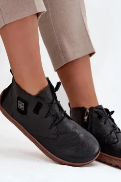 Discount Skórzane Półbuty Barefoot Damskie Z Ozdobnym Detalem 30072 Czarne Damskie Półbuty Skórzane|Barefoot