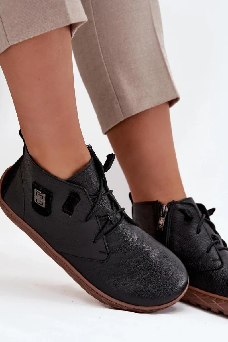 Discount Skórzane Półbuty Barefoot Damskie Z Ozdobnym Detalem 30072 Czarne Damskie Półbuty Skórzane|Barefoot