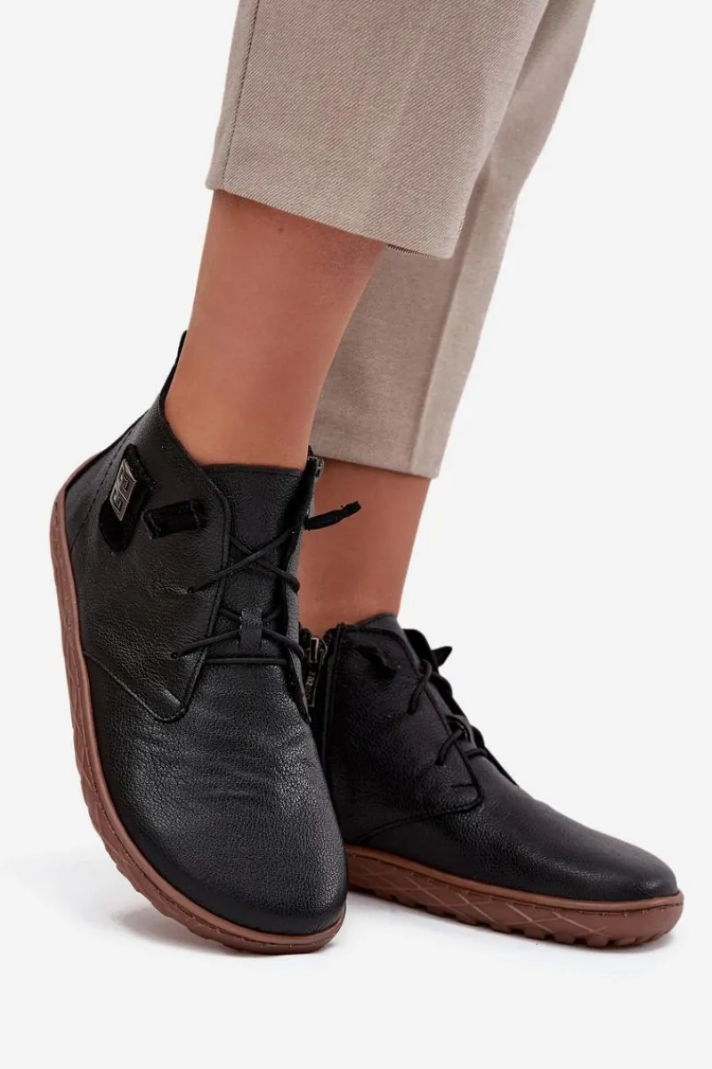 Discount Skórzane Półbuty Barefoot Damskie Z Ozdobnym Detalem 30072 Czarne Damskie Półbuty Skórzane|Barefoot