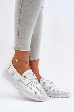 Best Skórzane Półbuty Damskie Ażurowe Białe Darnissa Damskie Półbuty Skórzane